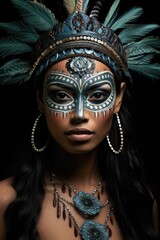 Mysterious tribal warrior in ceremonial headdress and makeup