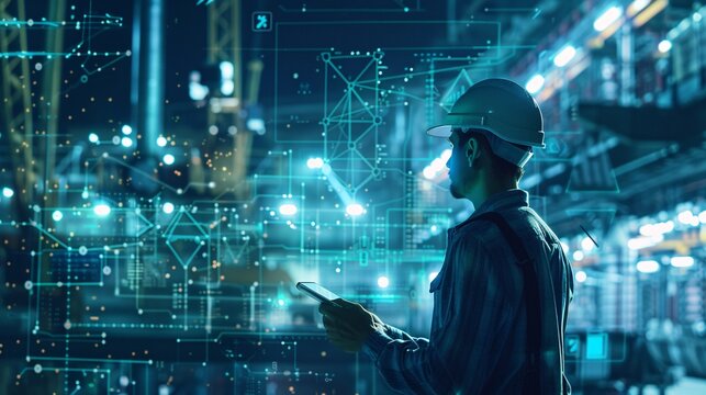 Futuristic architect uses mobile smartphone with network connection at construction site, exemplifying industry innovation.