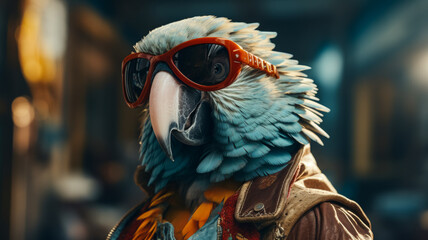 Imagine a stylish parrot in a leather bomber jacket, accessorized with aviator sunglasses