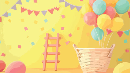 Basket with balloons ladder and paper garlands 