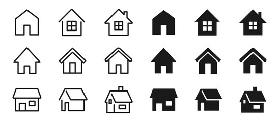 家のオブジェクト、シンプルなホームアイコン、住宅と不動産のベタ塗りと線画のベクターイラストセット白い背景
