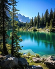 Serene mountain lake surrounded by lush forest