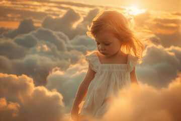 Small baby on clouds dramatic sunlight background made with generative AI
