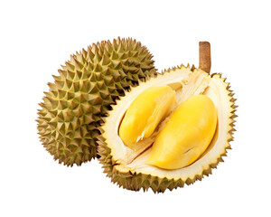 Fototapeta premium Two durians, one open showing the durian filling, are isolated in white, indicating a rich taste and texture. Generative AI