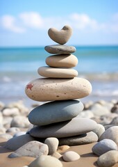 Balanced stones on beach with heart-shaped rock