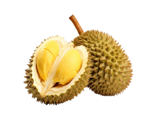 Two durians, one open showing the durian filling, are isolated in white, indicating a rich taste and texture. Generative AI