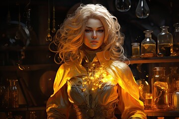 Powerful female superhero in golden costume