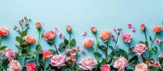 Arrangement of flowers with a border created from roses against a soft blue backdrop. Suitable for occasions such as Valentine's Day, Mother's Day, International Women's Day, and spring themes.