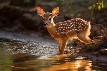 Adorable spotted deer standing in water