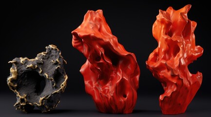 Dramatic abstract sculptures in fiery red and black