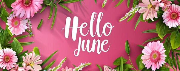 Abstract background with watercolor colorful splashes and flowers. Hello June -  modern calligraphy lettering. Summer concept background.