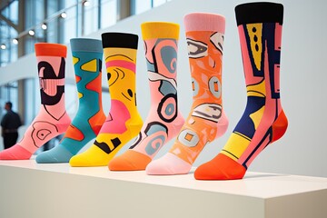 Colorful abstract patterned socks on display