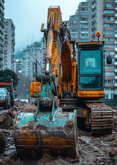 Heavy machinery at work at construction site. Rebuilding, reshaping, excavating, expanding. Hard work.