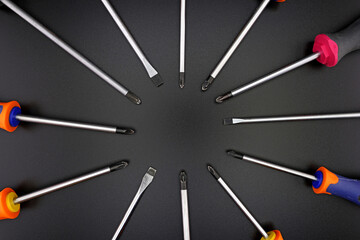 Metal screwdrivers with various tips for electrical work. Close-up.