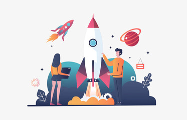 Startup business concept. People start new business, planning strategy, generating ideas and launching company rocket. illustration for social media banner, marketing material.