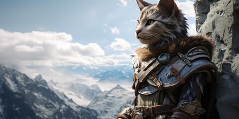 Adventurous cat warrior in the mountains