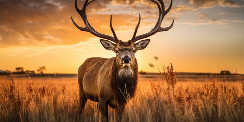 majestic deer in golden field at sunset