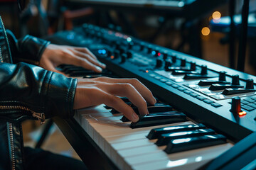Close up cropped image of hands playing music instrument made by generative ai technology