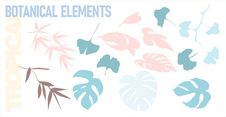 Set of tropical silhouettes of leaves and twigs in pastel colors on a transparent background. Digital abstract illustration for branding, scrapbooking, social media