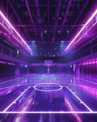 A basketball court bathed in purple neon lights, creating a vibrant, futuristic sports environment
