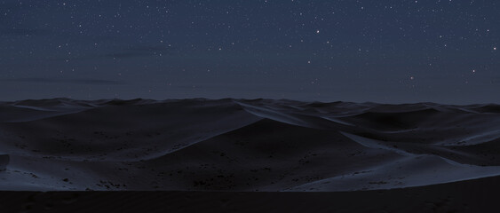 Panorama view to peaceful sand dunes at night. 3D Rendering