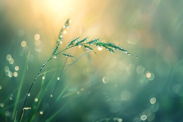 Dew drops on a single blade of grass in morning light