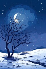 Snowy winter landscape with a lone tree under a starry night sky