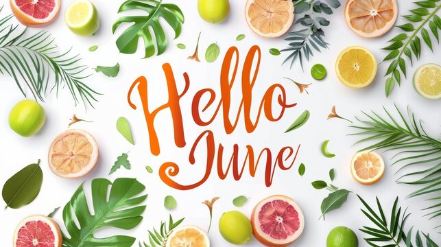 Abstract background with watercolor colorful splashes and flowers. Hello June -  modern calligraphy lettering. Summer concept background.