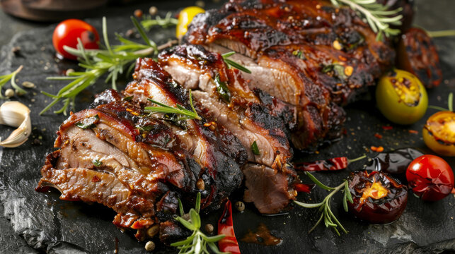 Sliced traditional jamaican jerk pork, presented on a slate board with fresh herbs and cherry tomatoes