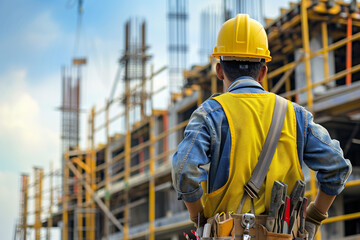 Wearing yellow hardhats, construction workers labor on a busy building site