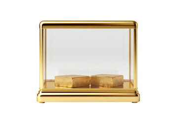 The Enigmatic Duo: Gold Cubes in Crystal Display. On a White or Clear Surface PNG Transparent Background.