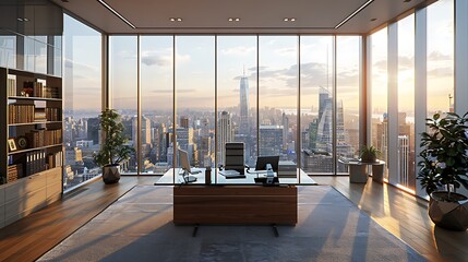 Frame a moment of quiet reflection in a sleek, modern office space, where floor-to-ceiling windows...