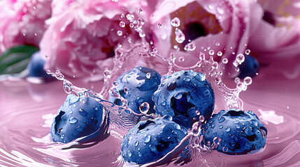 High-Resolution Product Photography of Blueberries and Water Droplets on Pink Floral Background