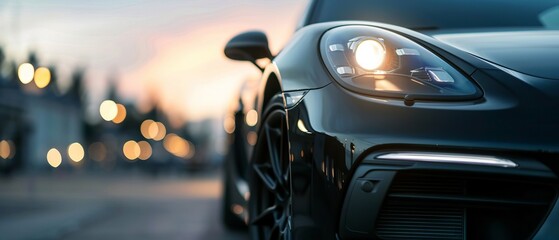 car headlight, black sports car closeup front view, SUV luxury car garage service