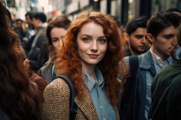 Fototapeta premium young woman with curly red hair in crowd