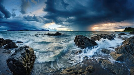 Dramatic seascape with crashing waves and stormy sky