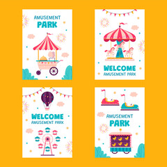 Flat amusement park vertical cards set collection with fair attractions