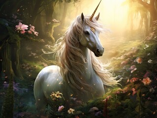 Majestic unicorn in enchanted forest