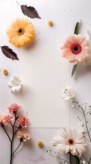 A blank white card with pink, yellow and orange flowers around it on a light grey background.