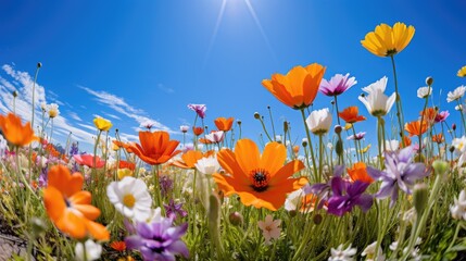 Obraz premium Vibrant Wildflower Field Under Bright Blue Sky
