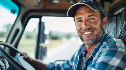 Smiling Mature Man Driving a Truck. Casual Portrait in Vehicle. Transportation and career concept.