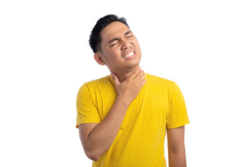 Unhealthy young Asian man suffering from sore throat and touching his neck isolated on white background