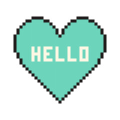 Pixel heart with text Hello in retro style. Vintage love symbol, 8 bit vector illustration for computer game.