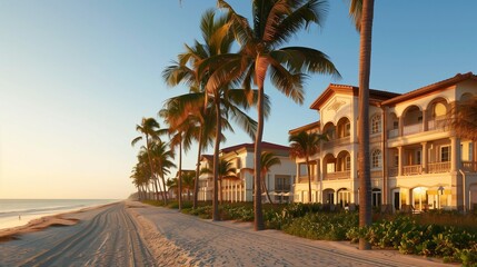 Beachfront resort hotel with palm trees.
