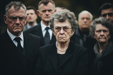 Fototapeta premium Sad bury ceremony at old cemetery church funeral farewell rest in peace Generative AI picture