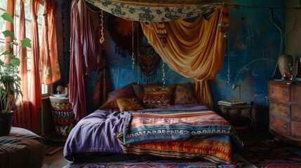 Bohemian bedroom with vibrant textiles and a canopy bed.