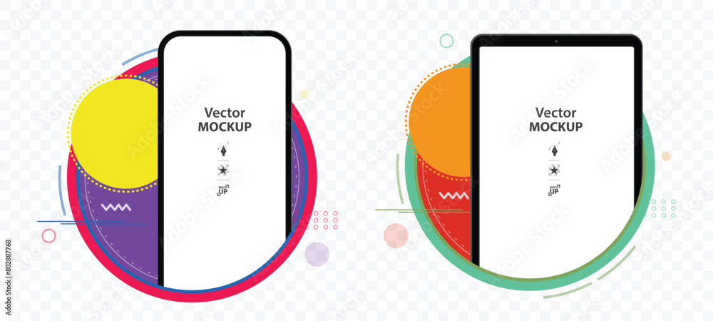 Poster mobile phone and tablet pc vector mockup template with abstract graphic design. easy editable transp