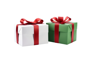 Enchanting Symmetry: Two Ethereal White and Green Boxes Adorned With Vibrant Red Ribbons. On a White or Clear Surface PNG Transparent Background.