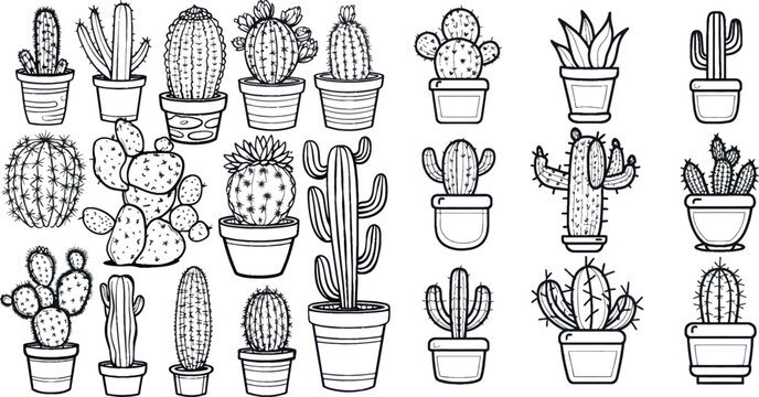 Cactus thin line art isolated icon set for coloring page design