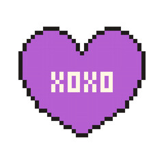 Pixel heart with text Xoxo in retro style. Vintage love symbol, 8 bit vector illustration for computer game.